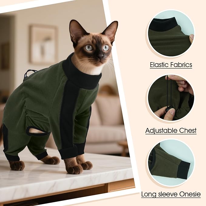 DENTRUN Cat Clothes with Anti-Shedding Fabric - Soft Recovery Suit & Breathable Lint-Resistant Cat Sweater for Wound Care & Hair Control, Kitten Onesie Pajamas, L, Army Green