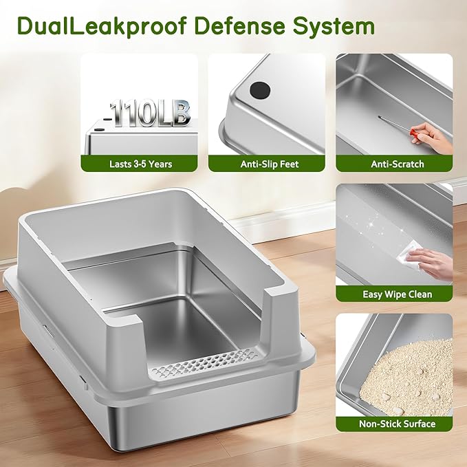 Stainless Steel Litter Box - 28" Extra Large XXXL Cat Litter Box with High Sides, Non-Sticky & Anti-Leakage for Big Cats/Multiple Cats, Includes Heavy Duty Metal Scoop, Grey