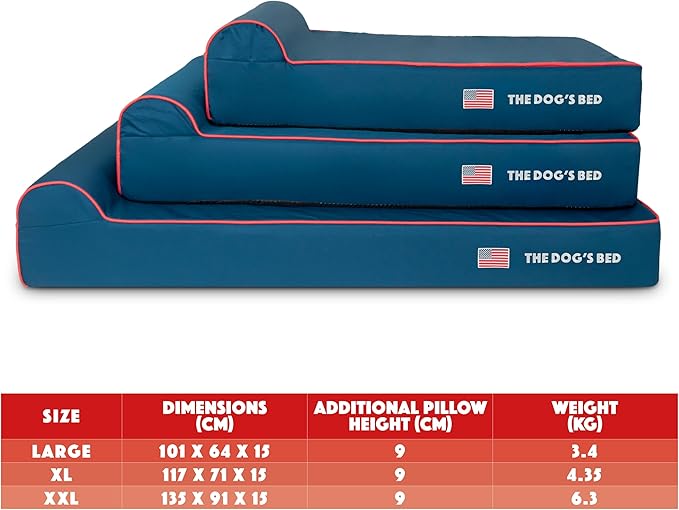 The Dog’s Bed Orthopedic Headrest Dog Bed XL Blue Oxford with Red Trim US Flag, Memory Foam, Hip & Elbow Dysplasia, Post Surgery, Lameness, Waterproof Washable Cover