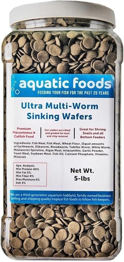 Aquatic Foods Inc. Ultra Multi-Worm 12mm - 1/2" Small Sinking Wafers for Bottom Fish, Shrimp, Snails, Crabs, Crayfish, All Tropical Fish..5-lb Lg Jar