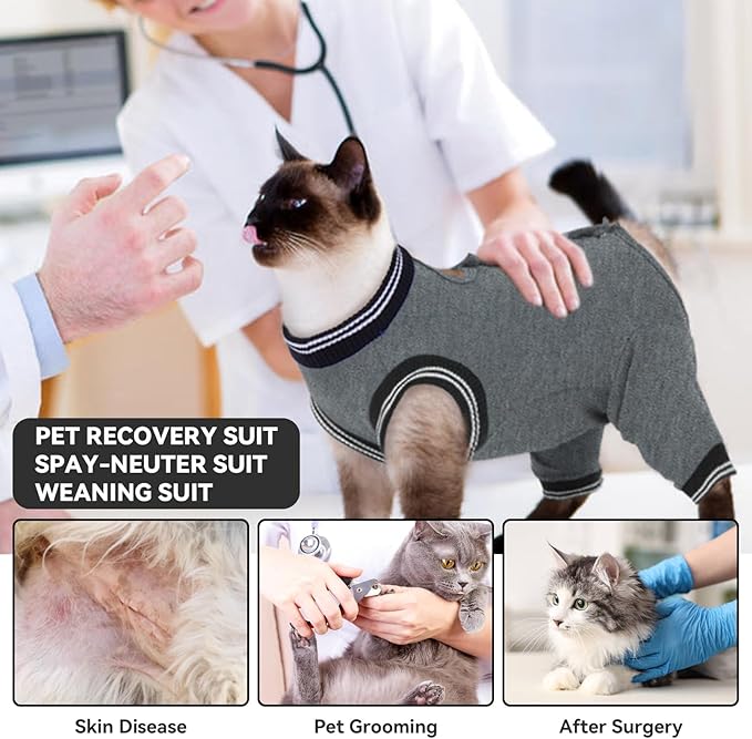 T'CHAQUE Cat Surgery Recovery Suit for Female Male, Cat Onesie Pet Surgical Pajamas Hind Legs Long Sleeve, Abdominal Wound Skin Diseases, E-Collar Alternative, Spay/Neuter Recovery Suit (Gray-M)