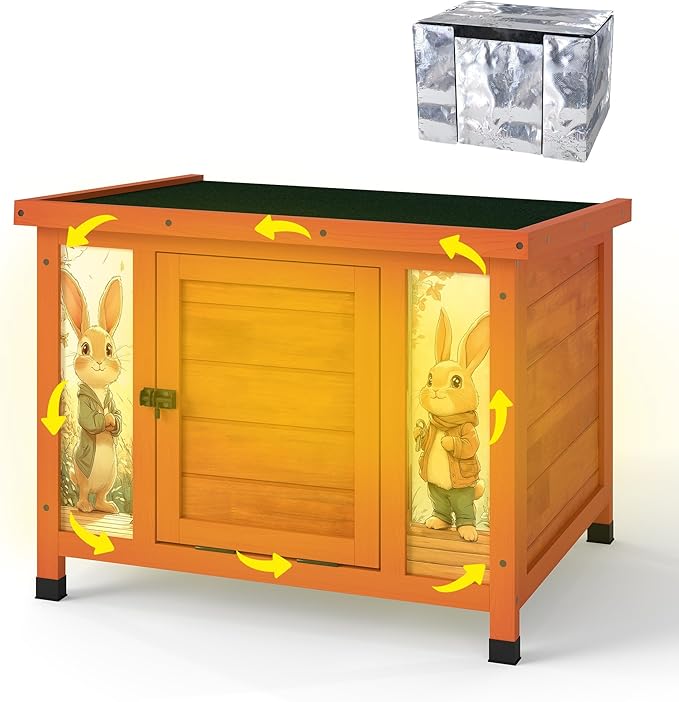 COZIWOW 24inches Insulated Cat House Outdoor Heated Indoor Small Animal House,Rabbit Cage Outdoor,Suitable for Small Cats, Rabbits, with Warm Liner for Winter(Orange with Warm)