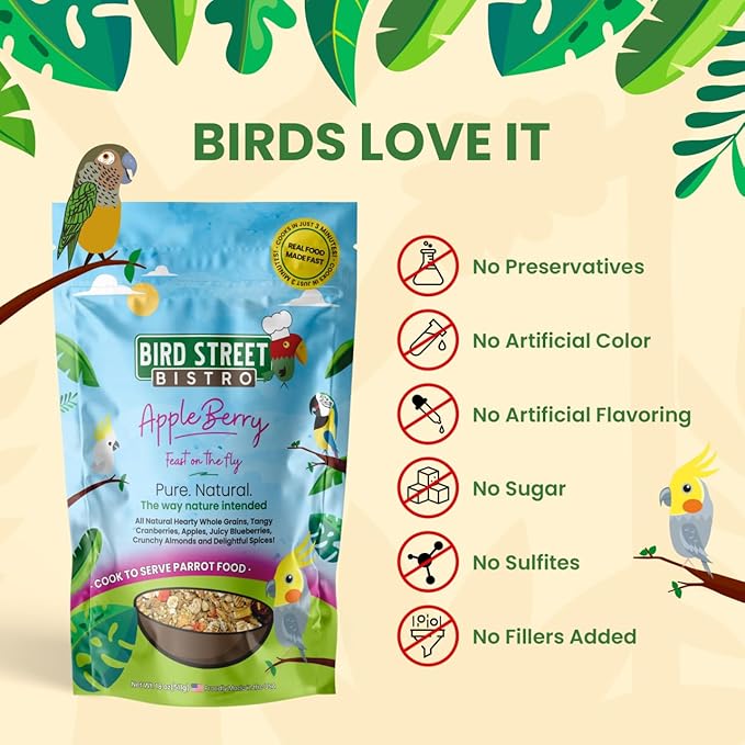 Parrot Food - Parakeet & Cockatiel Food - Cooks in 3-15 min w/Natural & Organic Grains, Legumes, Non-GMO Fruits, Vegetables & Healthy Spices