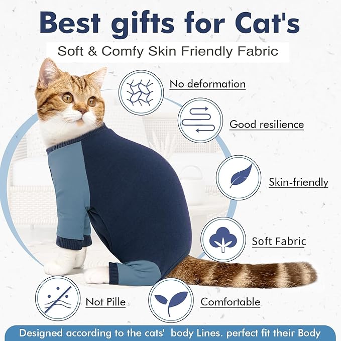 DENTRUN Cat Recovery Suit, Kitten Hair Sticky Onesie, Surgical Cone Alternative Shirts for Female Male Cat Recovery After Surgery, Cat Hair Spreading Prevent Clothes Pajama Apparel for Cats Only