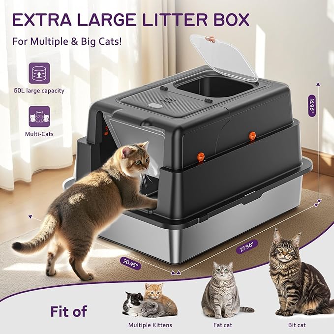 Stainless Steel Litter Box with Lid, 28" XXXL Large Cat Litter Box Enclosed for Multiple Cats, Odor Control with Carbon Filters, Anti-Leak High Sided, Includes Removable Lid & Scoop, Black