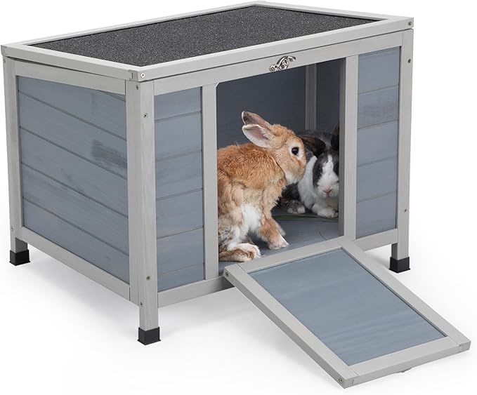 COZIWOW 24in Wooden Cat House Outdoor & Indoor Pet Shelter with Foldable Ramp - Weatherproof Rabbit Hutch with Unique Machine-Printed Art Designs for Cat, Rabbit, Guinea Pig (Grey)