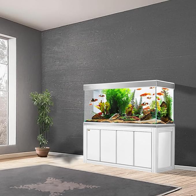 230 Gallon Aquarium Tempered Ultra-Clear Glass with Complete Setup in White with Silver Trims