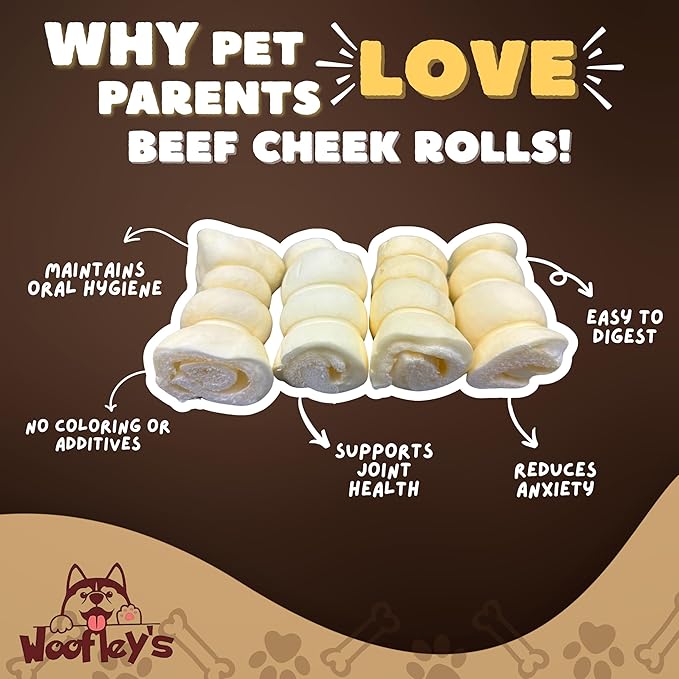 Woofley's 4" Buffalo Beef Cheek Roll -(50 Count)- Beef Cheek Rolls for Dogs - Long Lasting Natural Dog Chews