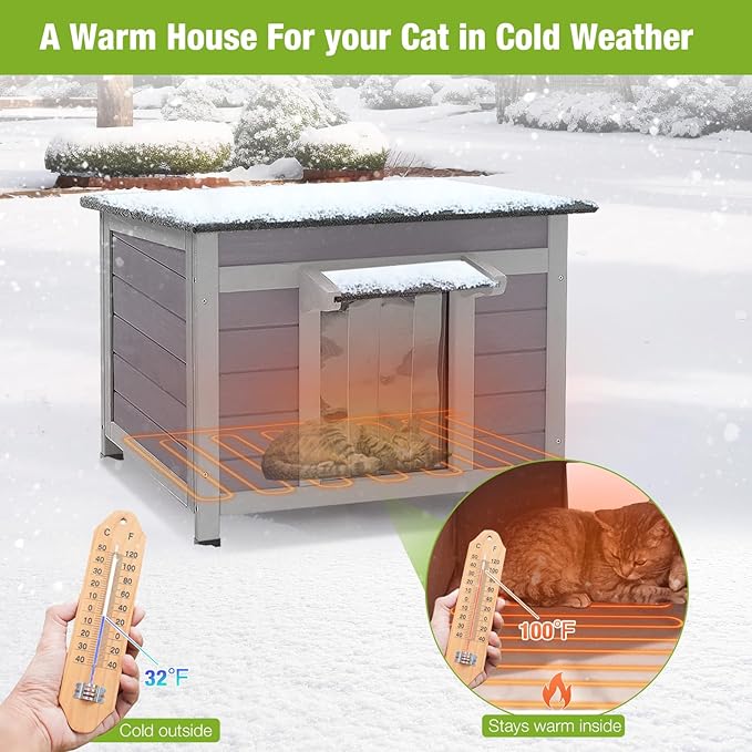 GUTINNEEN Heated Cat House Weatherproof Insulated Feral Cat Shelter for Winter,Heated Cat Houses for Outside Cats with Heater and Insulated Liner