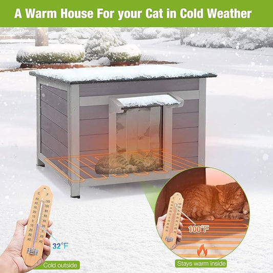GUTINNEEN Heated Cat House Weatherproof Insulated Feral Cat Shelter for Winter,Heated Cat Houses for Outside Cats with Heater and Insulated Liner