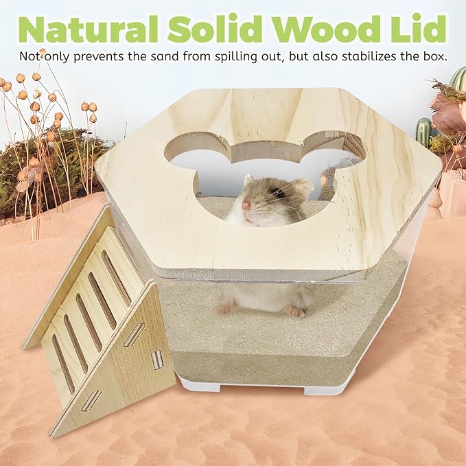 Hamiledyi Hamster Sand Bath Box Transparent Gerbil Digging Sand Container Acrylic Small Dwarf & Syrian Hamster Shower Bathtub with Climbing Ladder Bowl and Scoop Cage Accessories for Lemmings