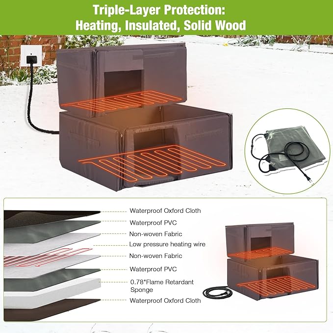 GUTINNEEN Heated Cat House for Outside, 2-Story Wooden Cat House Weatherproof for Winter Outdoor Feral Cat Shelter with Heater and Insulated Liner