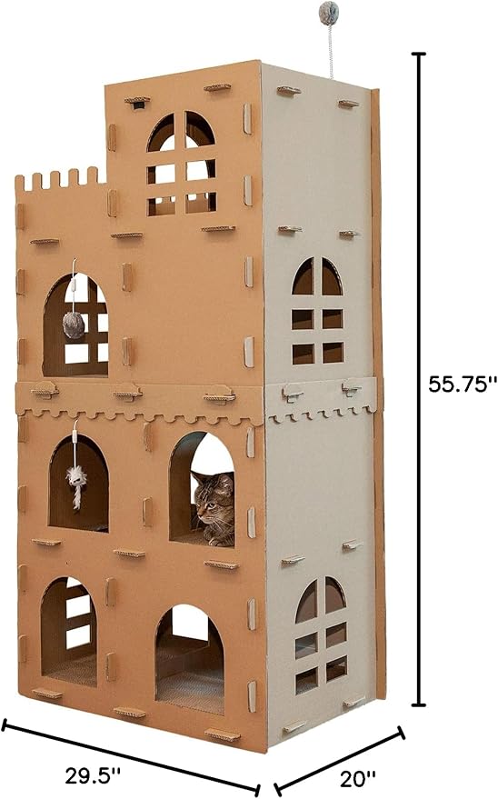 Furhaven Multi-Level Cardboard Cat Condo w/ Catnip for Indoor Cats, Ft. Scratching Pads & Toys - High Castle Tower Corrugated Cat Scratcher Hideout - Cardboard Brown, One Size