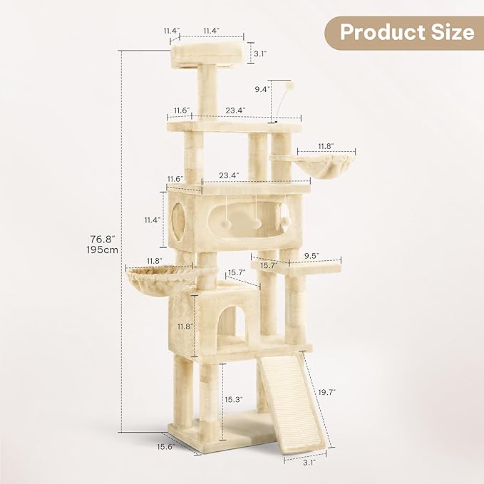 76in Cat Tree for Indoor Large Cats, Tall Cat Tower with Scratching Posts, Cat Tree Tower w/Hanging Balls, Multi-Level Condo Cozy Hammock, House, Large Activity Center, Beige