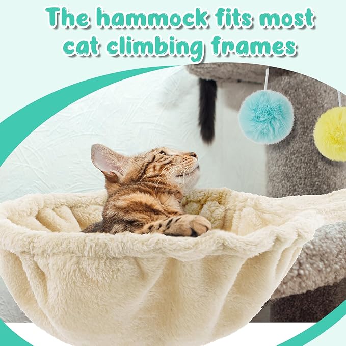 3 Pack 14.6" Large Cat Tree Hammock Basket Bed Lounger Tower Replacement Parts with 6 Pcs Hanging Elastic Strings Pom Pom Toys, Cat Tree Accessories Hammock Attachment (Beige)