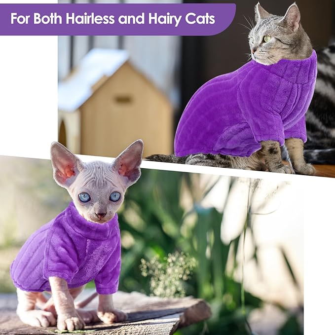 SUNFURA Sweaters for Cats, Hairless Sphynx Sweater Kitten Pullover with Sleeves, Warm and Soft Cat Pajamas Fleece Sweatshirt Jumpsuit, Turtleneck Clothes for Fall Winter, Purple S