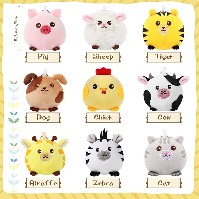 Skylety 9 Pcs Mini Plush Animals Toys Bulk 3.15 Inch Cute Soft Small Stuffed Animal Plush Keychain for Kids Goodie Bag Fillers Birthday Classroom School Prizes Festival Party Favors(Cute Animals)