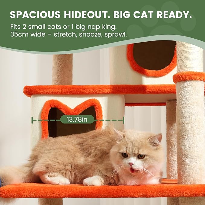74IN Cat Tree Tower for Indoor Cats, Multi-Level Cat Condo with 3 Houses, Sisal Scratching Posts, Plush Perches, Jump Platforms and Hanging Ball Toy, Cat Furniture for Multi-Cat Family