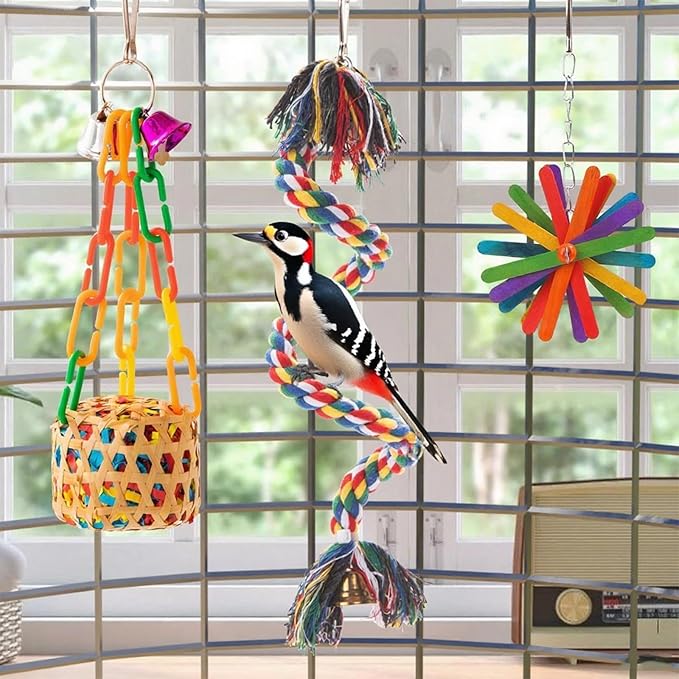 5-Piece Natural Bird Cage Accessories Set - Bamboo Shredding Foraging Toys, Cotton Rope Perch & Wooden Stand for Parrots, Parakeets, Cockatiels, Conures, Lovebirds