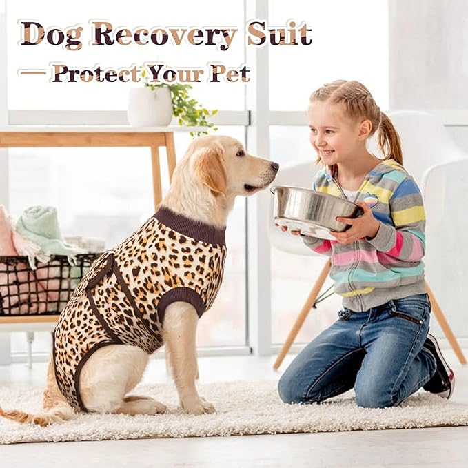 Kuoser Dog Recovery Suit Female, Dog Recovery Suit Female Doggie Onesie for Surgery, Post-Op Onesie for Female & Male Dogs, Soft Protective Wear, BrownLeopard L