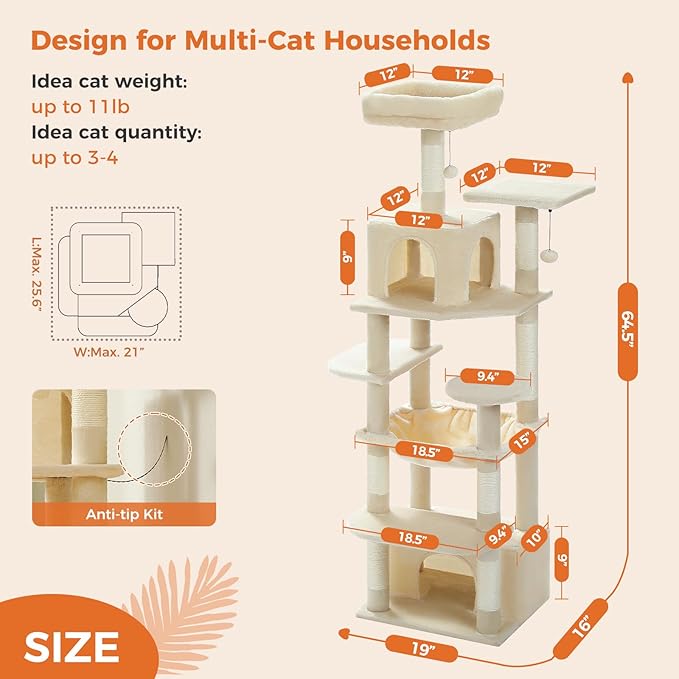 64.5-inch Tall Cat Tree for Indoor Cats, Plush Multi-Level Cat Tower with 7 Scratching Posts, 2 Top Perches, 2 Cozy Condos, Large Metal Frame Hammock & Pompoms, Sturdy Cat Playhouse,Beige