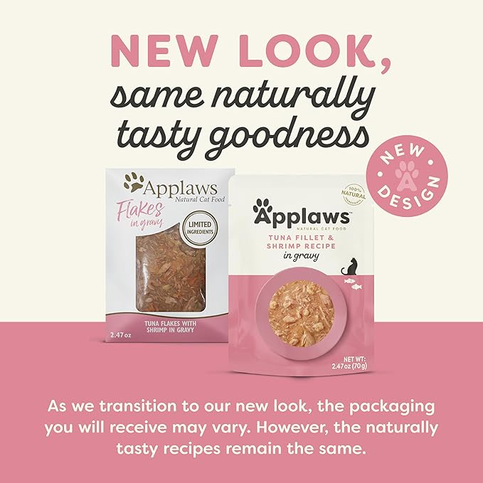 Applaws Natural Wet Cat Food in Gravy, Limited and Natural Ingredients, High Protein with No Artificial Additives,Tuna with Shrimp in Gravy (12 x 2.47oz Pouches)
