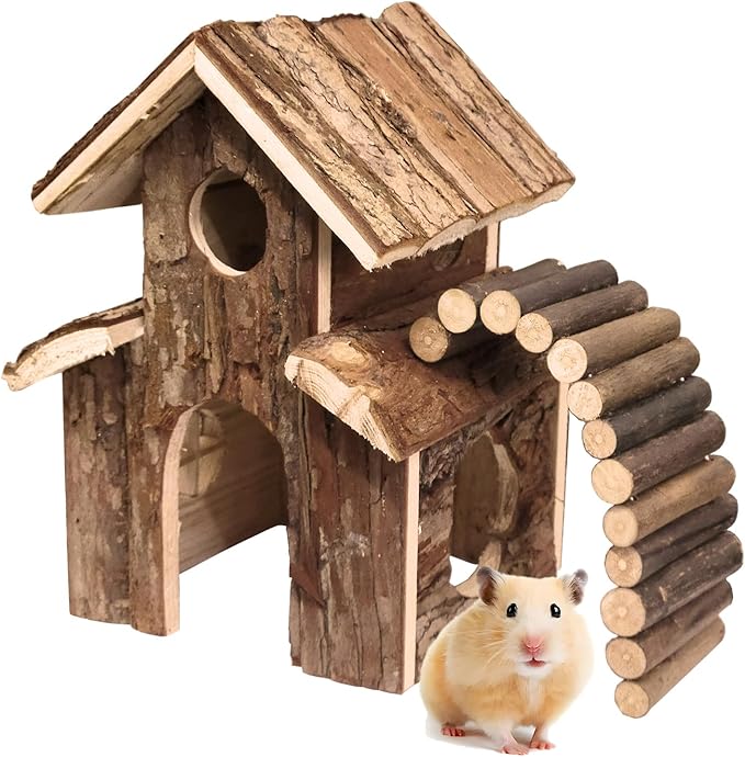 Small Animal Amusement Wooden Villa House Hideouts Playground with Ladder, Fit for Chinchilla, Guinea Pigs, Gerbil, Dwarf Mice, Hedgehog (4 Pcs)