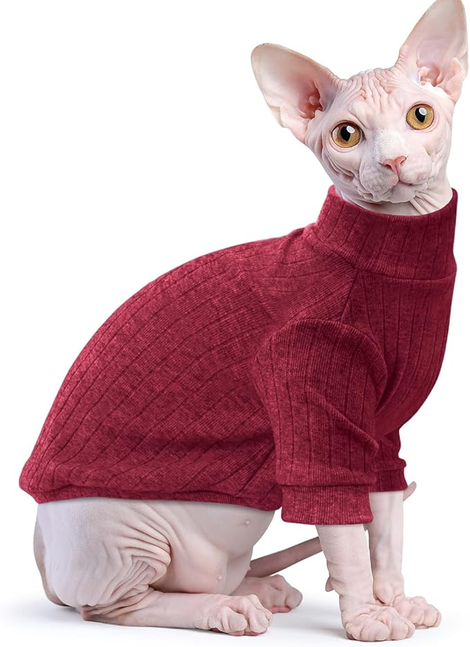 Idepet Sphynx Hairless Cats Sweater Shirt Kitten Soft Puppy Clothes Pullover Cute Cat Pajamas Jumpsuit Cotton Apparel Pet Winter Turtleneck for Cats and Teacup Chihuahua Small Dogs(Red,M)