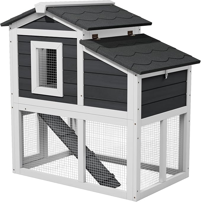 Bunny Cage Premium Rabbit Hutch with Leak-Proof Roof, 2-Story Bunny House for Guinea Pigs & Hamster,Wooden Chicken House with Deep Pull-Out Tray, Waterproof Chicken Coop for Outside