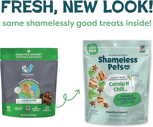Shameless Pets Crunchy Cat Treats - Catnip Treats for Cats with Digestive Support, Natural Ingredients Kitten Treats with Real Chicken, Healthy Flavored Feline Snacks - Catnip N Chill, 3-Pk
