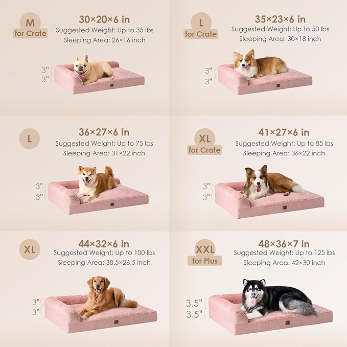 EHEYCIGA Memory Foam Dog Bed Large Sized Dogs, Waterproof Dog Bed Orthopedic with Washable Removable Cover, Non-Slip Pet Bed Couch, 36x27x6 Inches, Pink