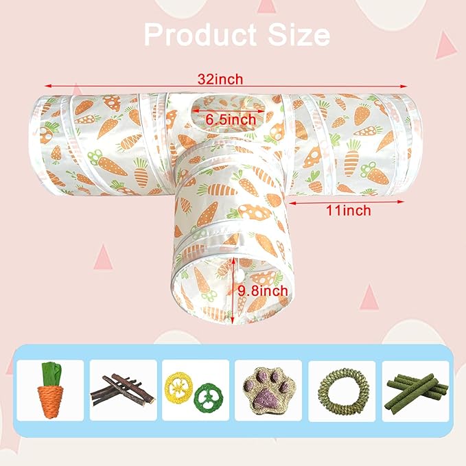 LUCKITTY Rabbit Tunnel Toy, Collapsible 3-Way Hideout Tunnel with Chew Toys for Rabbits, Guinea Pigs, Ferrets, Kittens & Small Pets - Orange & White Carrot Design (33"x20"x9.5")