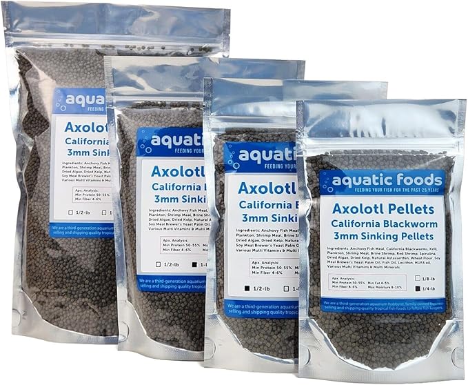 Aquatic Foods Inc. Axolotl Blackworm Pellets. 3mm-1/8 Sinking California Blackworm Medium Pellets for Medium/Large Axolotl, Frogs, Shrimp, Salamanders, Newts, Snails…1-lb Pouch Bag