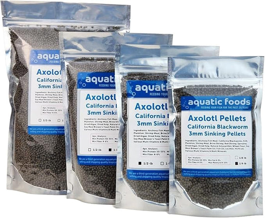 Aquatic Foods Inc. Axolotl Blackworm Pellets. 3mm-1/8 Sinking California Blackworm Medium Pellets for Medium/Large Axolotl, Frogs, Shrimp, Salamanders, Newts, Snails…1/8-lb Pouch Bag