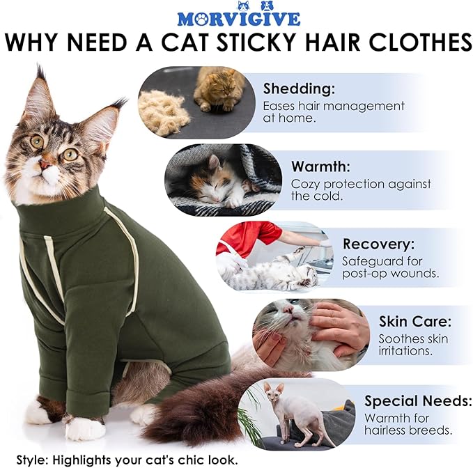 Cat Pajamas - Army Green, L - Prevents Hair Loss, Sticky Hair Clothes, Sphynx Clothes, Anti-Licking or Skin Disease Recovery Suit for Female Cats, Pet Apparel Onesie