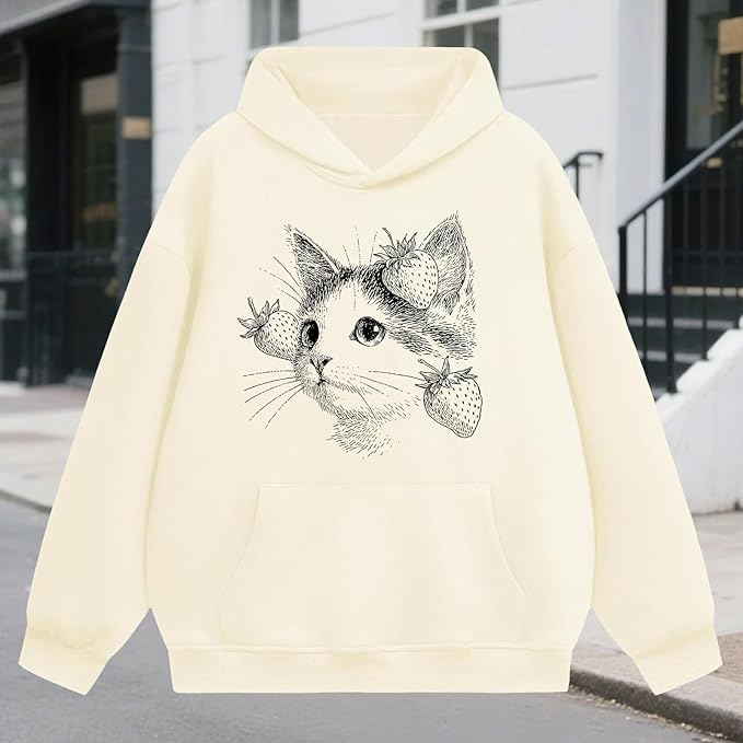 Oversized Hoodies for Women 2025 Trendy Cute Dog Cat Print Sweatshirts Hooded Pullover Tops with Kangaroo Pocket