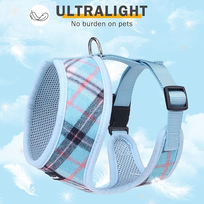 SCENEREAL Puppy Dog Harness with Leash Set for Small Medium Sized Dogs, Soft Mesh Step in Pet Harnesses and Leash, No Chock Plaid Adjustible No Pull Vest for Dogs Cats, Chihuahua,Bulldog (Blue M)