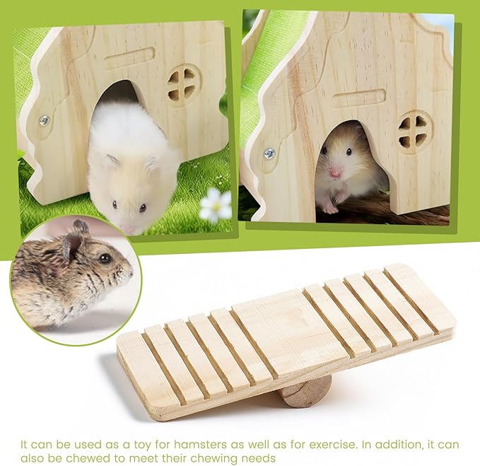 Wooden Hamster Platform and Dwarf Hamster House, Cute Syrian Tiny House Hideout, Small Animal Pet DIY Accessories for Rats, Gerbils & Small Pets (Detachable)