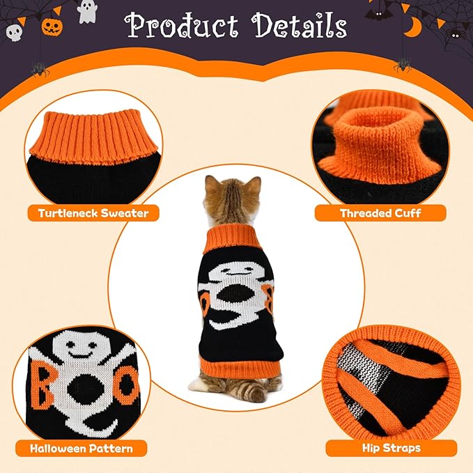 2Pcs Halloween Dog Sweaters Kitten Cat Knitwear Puppy Cat Halloween Pumpkin Ghost Sweater Pet Halloween Sweater Clothes Outfit Costume for Kittens Cats Puppies Small Medium Dogs XS