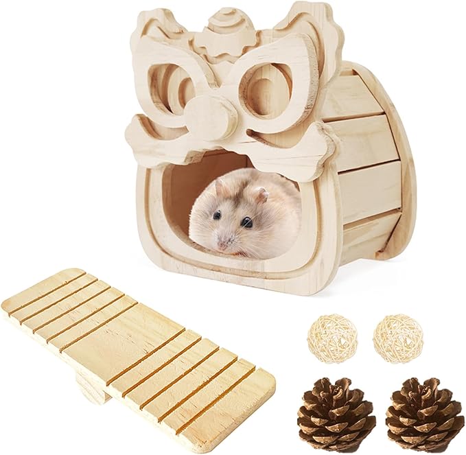 Guinea Pig Hideout, Wooden Hamster Hideout, Natural Wood Hamster House, Solid Wood Small Pet Shelter, Safe & Simple for Rat Gerbils and Other Small Pets(Waking Lion)