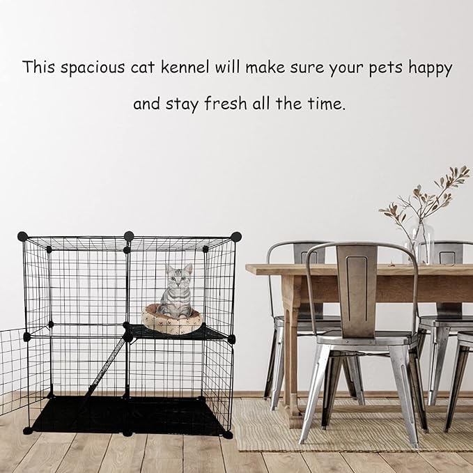 2 Tier Cat Cage Indoor,Removable Metal Kitten Cages Detachable Ferret Playpen Portable DIY Small Animals Collapsible House for Cats Bunny Puppies Guinea Pig Rabbit Hedgehog Rat(Black)