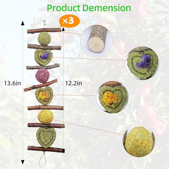 3Pcs Bunny Chew Toys for Teeth Grinding Bunny Hanging Natural Apple Twigs Timothy Hay Grass Cakes Multiple-Grass Ball for Rabbits Guinea Pigs Chinchillas Gerbils Hamsters Improves Dental Health