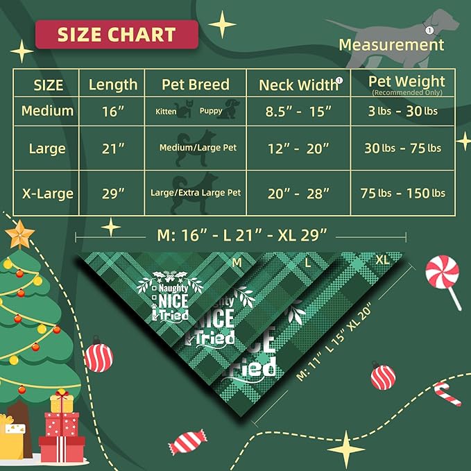 Christmas Dog Bandanas - Naughty Nice I Tried, Pets Funny Holiday Costume Gift Xmas Stocking Stuffers, Green Plaid, Small & Medium Breed, 5-30lbs