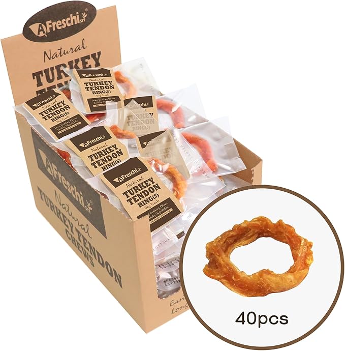 AFreschi Natural Turkey Tendon Ring (S) 40 Units/Box, Dog Treats for Signature Series, All Natural Human Grade Puppy Chew, USA-Sourced Turkey Tendon, Hypoallergenic, Rawhide Alternative
