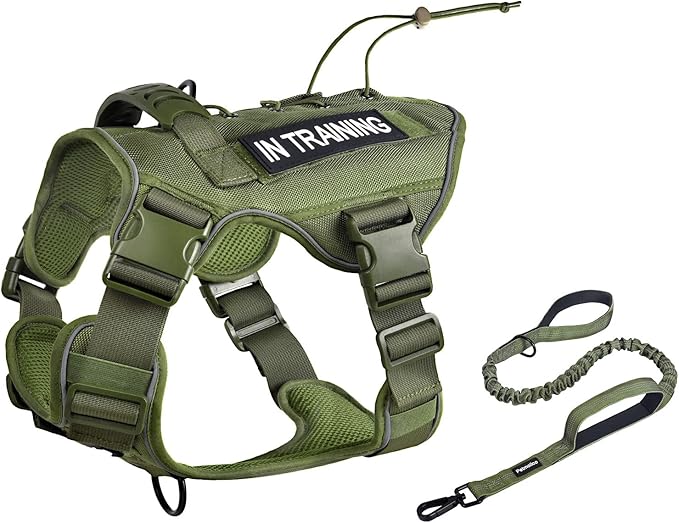 Petmolico Tactical Dog Harness with Leash, No Pull Dog Harness with Hook and Loop Panels for Hiking Training Military Service Dog Harness with Patches for Small Dogs, Army Green S