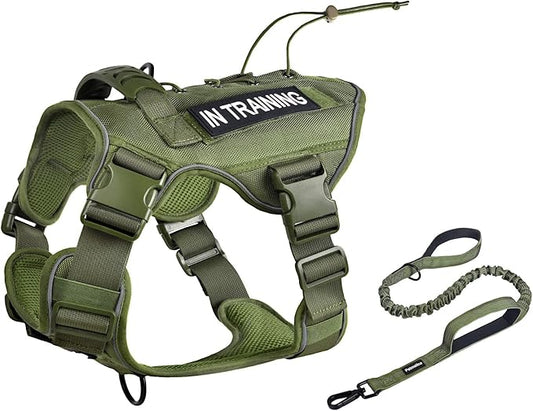 Petmolico Tactical Dog Harness with Leash, No Pull Dog Harness with Hook and Loop Panels for Hiking Training Military Service Dog Harness with Patches for Medium Dogs, Army Green M