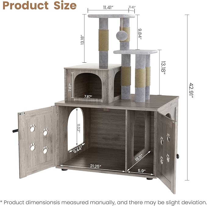 DKLGG Litter Box Enclosure with Cat Tree, Large Cat Tree with Hidden Litter Box Enclosure | All-in-one Indoor Kitten House w/Sisal Scratching Post, Plush Perch Platform & Divided Condo (Grey)