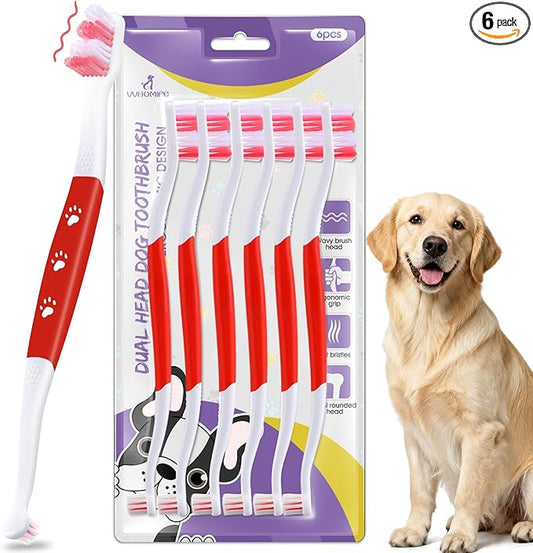 Dog Toothbrush – Newly Upgraded Dual-Head Design with 60° Wavy Bristles – Gently Surrounds Teeth for Deep Cleaning and Plaque Removal – Non-Slip Handle, Ideal for Daily Pet Dental Care (Red, 6-Pack)