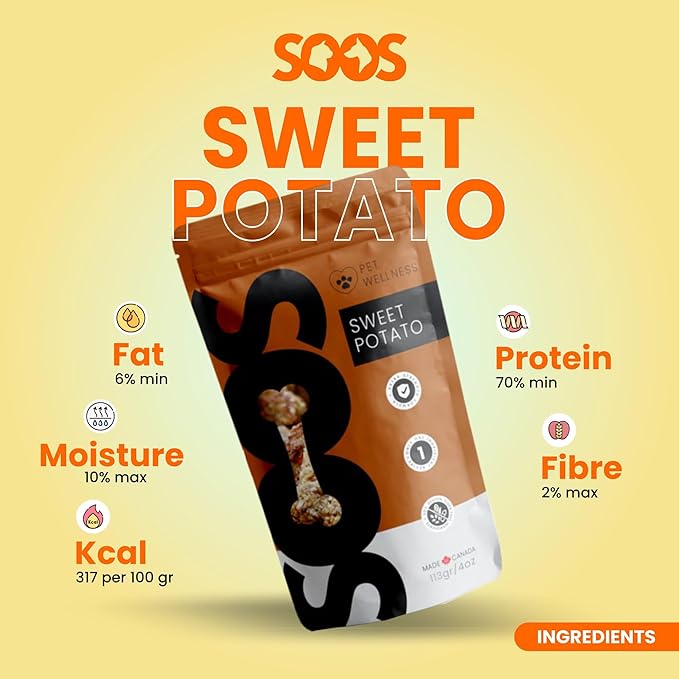SOOS Natural Sweet Potato Treats for Dogs & Cats - High Moisture, Grain Free, Vitamin Minerals, Fiber, Healthy Training Treats - 113g