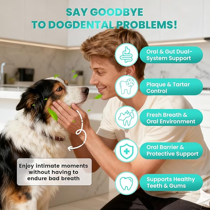 Dog Dental Powder for Teeth Cleaning, Dog Teeth Cleaning Powder for Dogs with Probiotic & Tartar Remover, Fresh Breath Support, No Brushing Oral Care, Chicken Flavor, 60ct